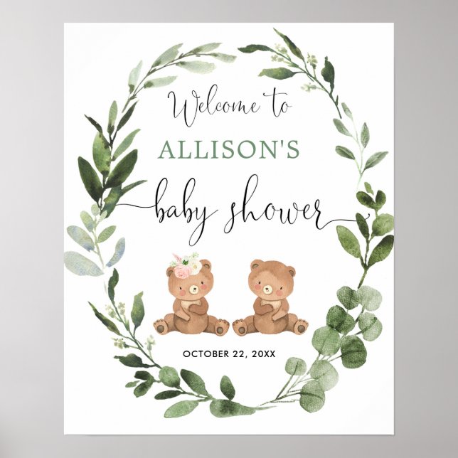 Boy girl twins teddy bear baby shower welcome sign (Front)