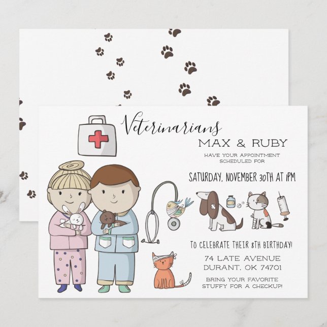 Boy & Girl Veterinary Themed Kids Party Invitation (Front/Back)