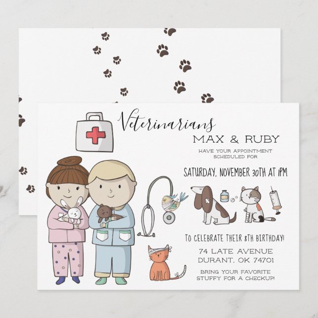 Boy & Girl Veterinary Themed Kids Party Invitation (Front/Back)