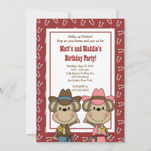 BOY & GIRL Western Cowboy Monkey 5x7 Birthday Invitation