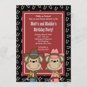BOY & GIRL Western Cowboy Monkey 5x7 Birthday Invitation