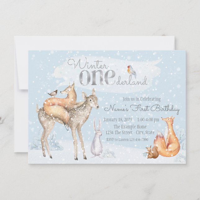 Boy Girl Winter ONEderland Woodland First Birthday Invitation (Front)