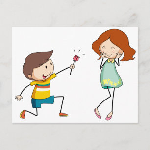 Boy giving flower to girlfriend postcard