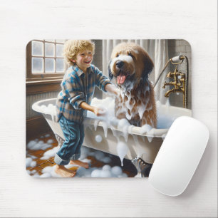 Boy Giving His Shaggy Dog A Bath Mouse Mat