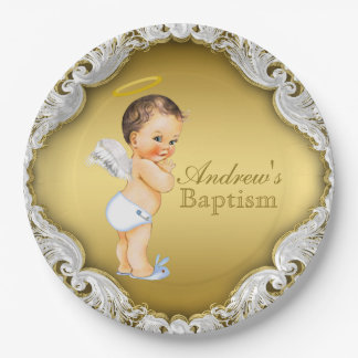 Boy Gold Angel Baptism Christening Paper Plate