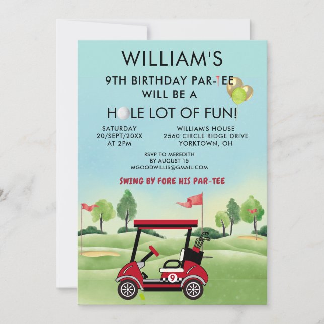 Boy Golf Theme 9th Birthday Par-Tee Invitation (Front)