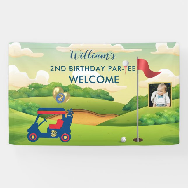 Boy Golf Theme Photo 2nd Birthday Party Banner (Horizontal)