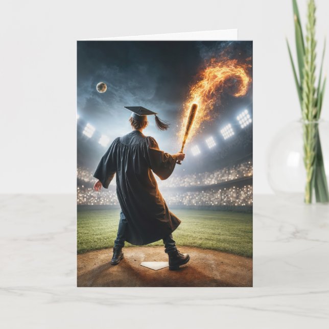 Boy Graduate Swinging a Flaming Baseball Bat Card (Front)