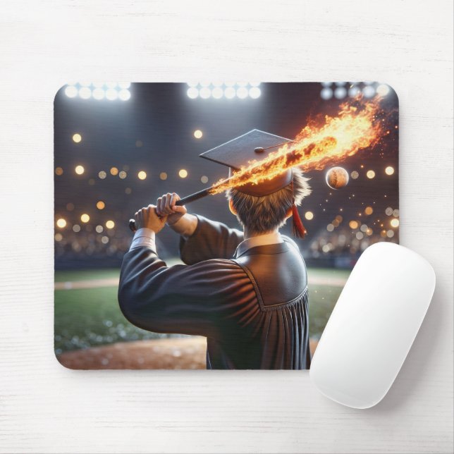 Boy Graduate Swinging a Flaming Baseball Bat Mouse Mat (With Mouse)