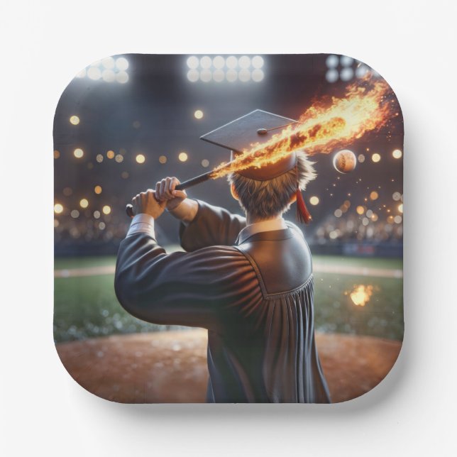 Boy Graduate Swinging a Flaming Baseball Bat Paper Plate (Front)