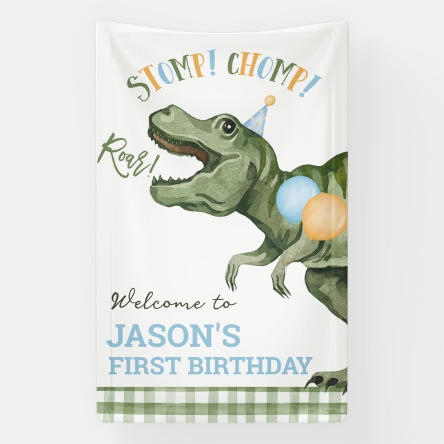 Boy Green Dinosaur 1st Birthday Welcome Banner (Vertical)