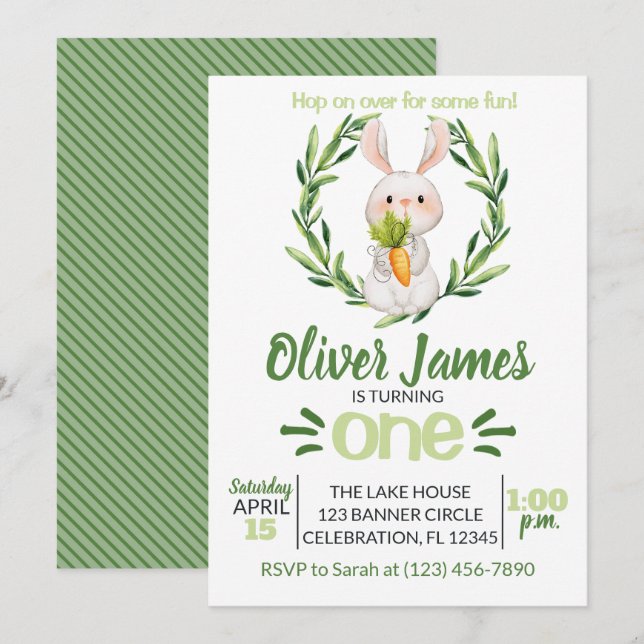 Boy Green First Birthday Easter Watercolor Bunny Invitation (Front/Back)
