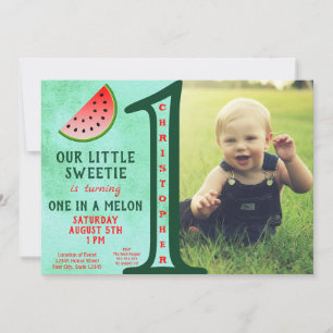 Boy Green One In A Melon 1st Birthday Photo Invitation