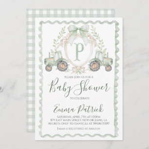 Boy Green Tractor Baby Shower Preppy Sage Green  Invitation