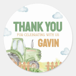 Boy Green Tractor Birthday Party Classic Round Sticker