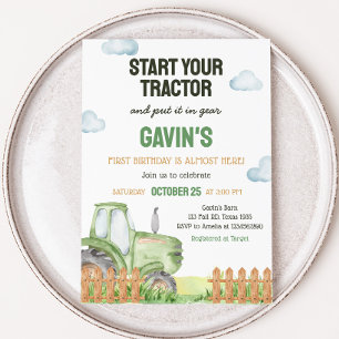 Boy Green Tractor Birthday Party  Invitation