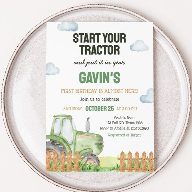 Boy Green Tractor Birthday Party  Invitation (Green Tractor Birthday Party Invitation)