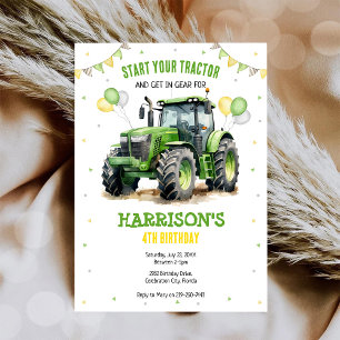 Boy Green Tractor Farm Birthday Party Invitation