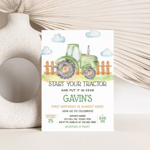 Boy Green Tractor Farm Birthday Party  Invitation