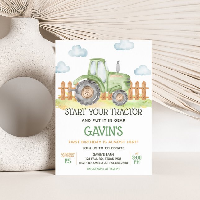 Boy Green Tractor Farm Birthday Party  Invitation (Green Tractor Birthday Party Invitation)
