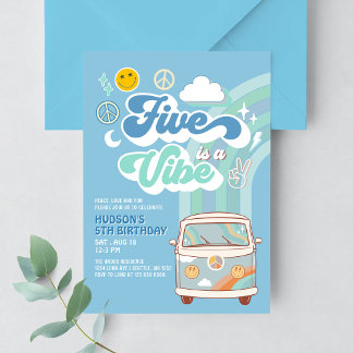 Boy Groovy Van Rainbow Five is A Vibe 5th Birthday Invitation