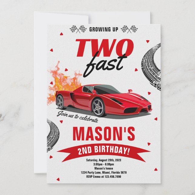 Boy Growing Up Two Fast Race Car 2nd Birthday Invitation (Front)