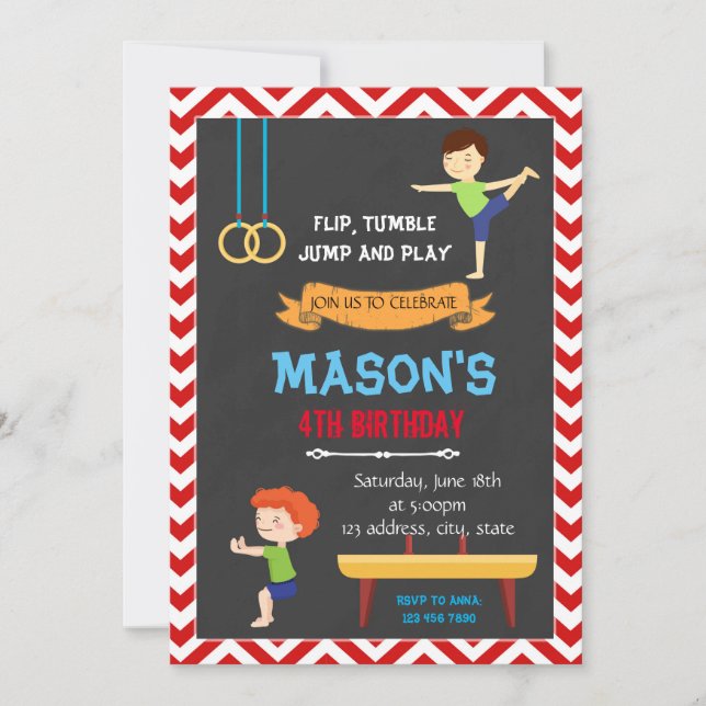 Boy gymnastic birthday invitation (Front)