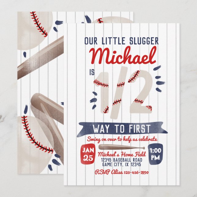 Boy Half Birthday Baseball Party Invitation (Front/Back)