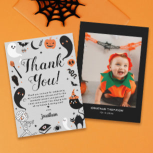 Boy Halloween Birthday Photo Thank You Card