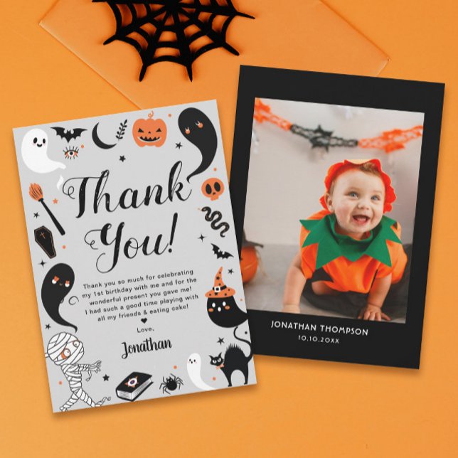 Boy Halloween Birthday Photo Thank You Card (Creator Uploaded)
