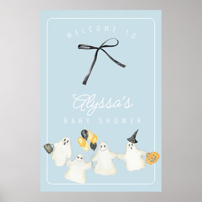 Boy Halloween Ghost and Black Bow Baby Shower Poster (Front)