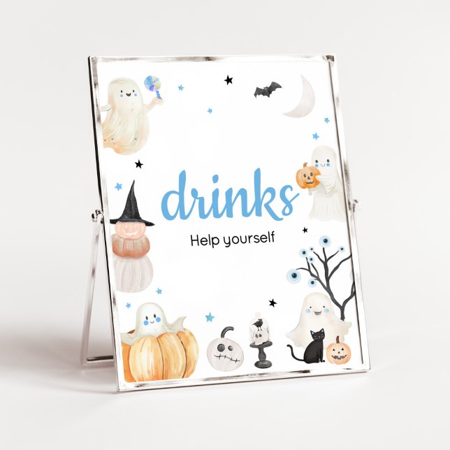 Boy Halloween Little Boo Baby Shower Drinks Poster (A Little Boo Baby Shower Drinks Sign)