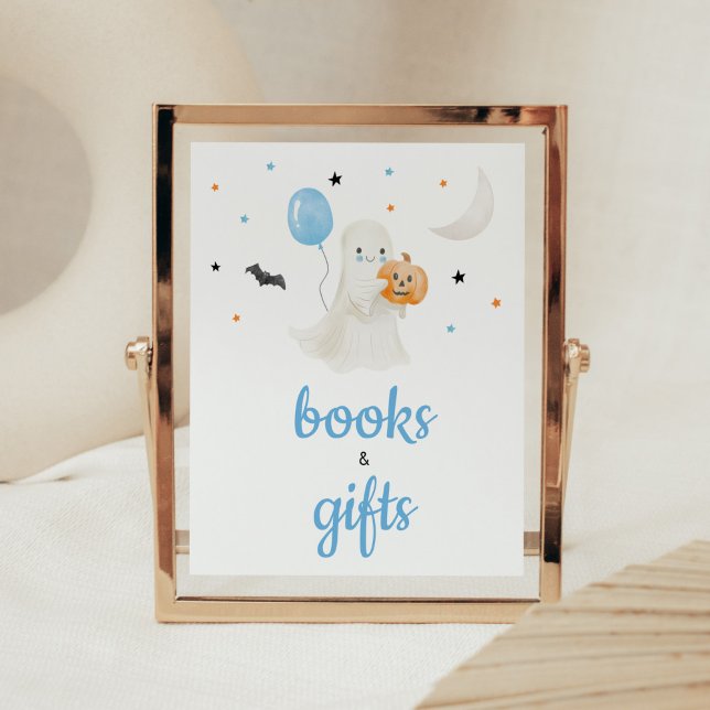 Boy Halloween Little Boo Books and Gifts Poster (A Little Boo Baby Shower Books and Gifts Sign)