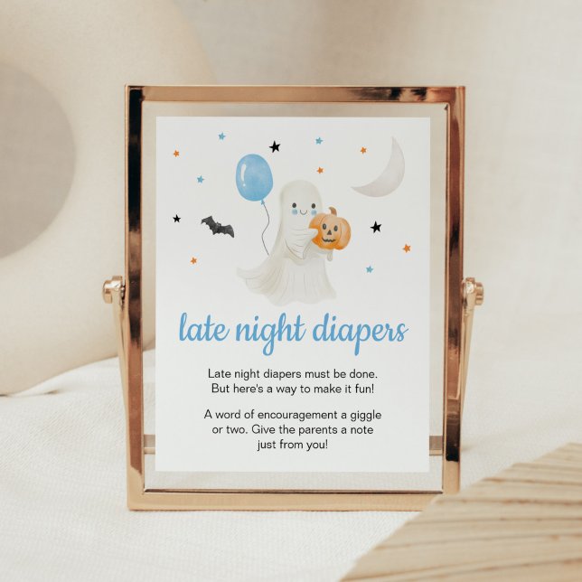 Boy Halloween Little Boo Late Night Diapers Poster (A Little Boo Baby Shower Late Night Diapers Sign)