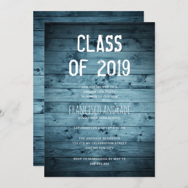 Boy High School Graduation Party 2019 Rustic Blue Invitation (Front/Back)