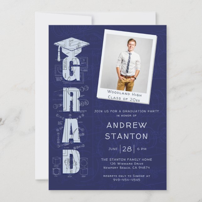 Boy High School Graduation Science Tech Navy Photo Invitation (Front)