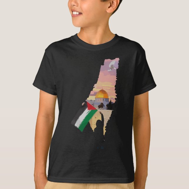 Boy Hold Palestine Flag In Palestinians Map Baba M T-Shirt (Front)