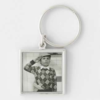 Boy Holding a Wooden Sword Key Ring