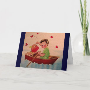Boy Holding Heart in Boat Holiday Card