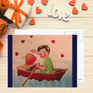 Boy Holding Heart in Boat Postcard