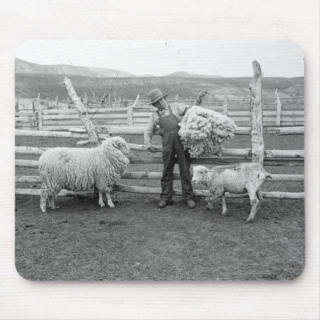 Boy holding up a bundle of wool mouse mat (Front)
