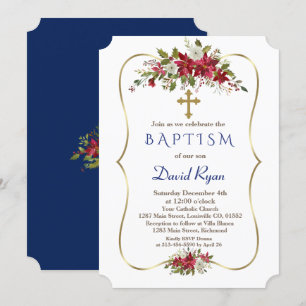 Boy Holiday Christmas Red White Poinsettia Baptism Invitation