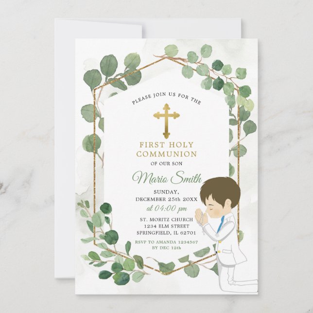 Boy Holy Communion Minimalist Greenery Gold Invitation (Front)