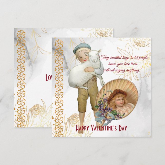 Boy Hugs Sheep Flower Girl Vintage Valentine Card  (Front/Back)