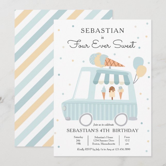 Boy Ice Cream Truck Four Ever Sweet 4th Birthday Invitation (Front/Back)