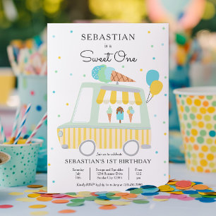 Boy Ice Cream Truck Sweet One 1st Birthday Party Invitation