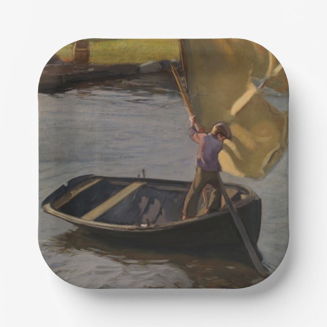 Boy in a Sailboat on the River (by Magnus Enckell) Paper Plate (Front)