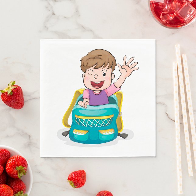 Boy in Backpack Waving Fun School Kid Napkin (Creator Uploaded)