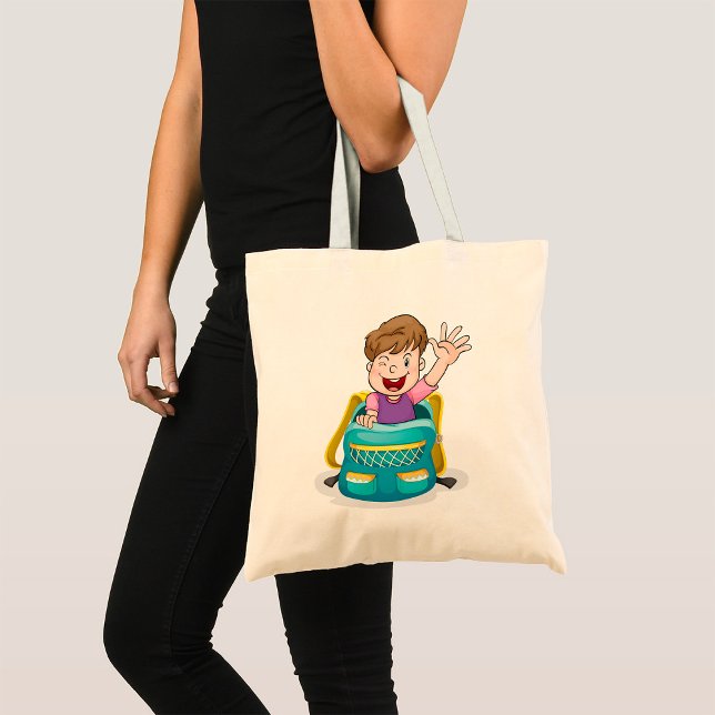 Boy in Backpack Waving Fun School Kid Tote Bag (Creator Uploaded)