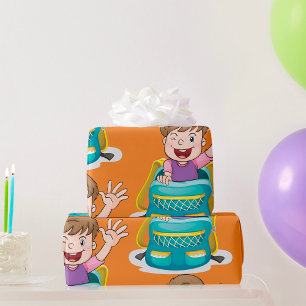 Boy in Backpack Waving Fun School Kid Wrapping Paper